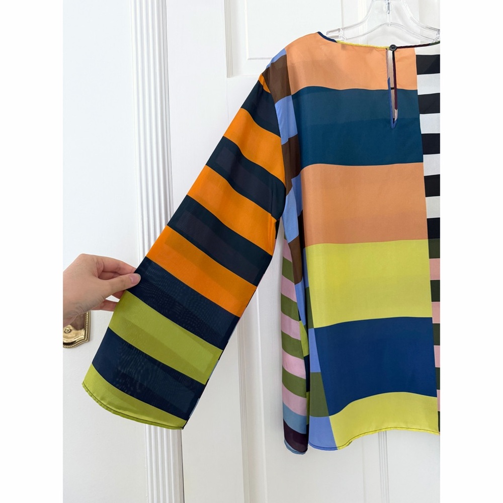 Odeeh Colorful Rainbow Stripe Silk Top Blouse Colorblock Patchwork Rugby 42 - Picture 14 of 16